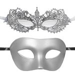 2-Pack Masquerade Masks Couple’s Venetian Mask Set Sexy Lace Eye Mask for Women Matt Classic Masquerade Ball Mask for Men Mardi Gras Prom Costume Mask Fancy Dress Party Accessories (Silver)