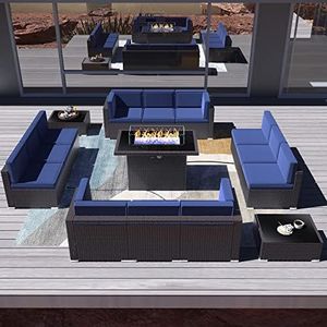 Vakollia 15 Pieces Patio Furniture Set with 44" Propane Gas Fire Pit Table, Outdoor Sectional Brown Rattan Wicker Conversation Sofa Sets with Coffee Table