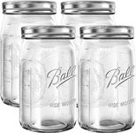 Wide Mouth Mason Jars 32 oz - (4 Pack) Ball Quart With Airtight lids and Bands For Canning, Fermenting, Pickling, Freezing, Storage Glass jar, Microwave & Dishwasher Safe, Clear