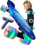 Deleven 22” Skateboard for Kids with Bright LED Wheels - Complete Gift Set with Carry Bag & Skate Tool - Mini Cruiser Retro Light Up Skateboard Made for Beginners, Girls & Boys