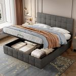 Merax Double bed frame with Storage, 4ft6 Double Upholstered Bed, Ottoman Lift Storage Bed Frame with Gas List End Opening Wooden Slats, Velvet Fabric (No Mattress), Grey+Velvet/135CM*190CM