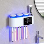 Wall Mounted Toothbrush Holder, Solar Powered Toothbrush Holder with 3 Cups, Toothbrush Stand with Air Drying, Multi-Functional Toothbrush Holder with 6 Toothbrush Slot (White - 3 Cup)