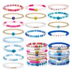 Fanshiontide 16 Pcs Preppy Bracelet Set, Colorful Rainbow Y2K Girls' Charm, Stackable Elastic Boho Disc Bracelets, Beach Bohemian Layering Bracelets Jewelry for Women