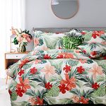 FADFAY Shabby Bed in a Bag Set 7-Pieces Tropical Red Hibiscus Palm Leaves Printed 100% Cotton Bedding,(1 Duvet Cover,1 Fitted Sheet,1 Flat Sheet,2 Standard+2 King Pillowcases) King Size