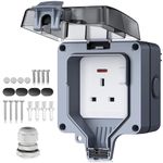 EYPINS 32mm Deepening Depth Single Outdoor Plug Socket IP66 Weatherproof, Switched Power Wall Electrical Outlet with Latching RCD, 13 Amp Storm 1 Gang Outside Wall Garden Socket Box