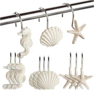 Juvale 12-Pack of Beach-Themed Shower Curtain Stainless Steel Hooks, Decorative Seashell Coastal Shower Hooks for Bathroom Decor with Seahorses, Starfish, and Seashells
