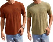 TAGDO Men's Waffle Knitted Crew Neck Short Sleeve Tees Pack of 2 (COMBO-5154-KHK-RST-L)