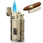 PROMISE Torch Lighter Triple Jet Flame Refillable Butane Cigar Lighter Windproof Lighter with Cigar Punch - Butane Not Included (Gold-E)