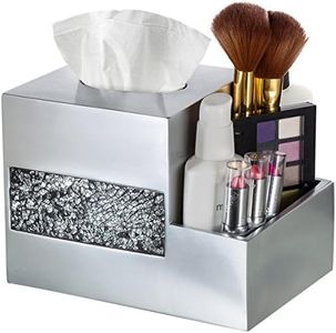 Crackled Glass Silver Tissue Box Cover Square and Nightstand Organizer for Men & Women - Multi-Function Mosaic Glass Tissue Box Holder with Makeup, Phone, Remote Control Holder Organizer for Table