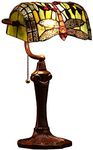 Bieye L30058 Dragonfly Tiffany Style Stained Glass Banker Table Lamp with 10-inch Wide Lampshade and Zinc Base for Reading Working Desk (Green)