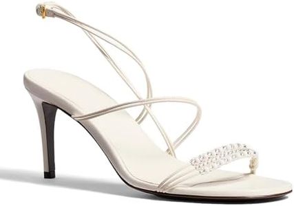 QIV White Strappy Heels for Women Open Toe Beaded Pearl High Heels Round Toe Ankle Strap Stiletto Heeled Sandals Size 9
