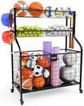 Yes4All Garage Sports Equipment Organizer, Ball Cart, Garage Ball Storage, Ball Rack, Garage Organizer for Garage with Basket and Hooks, Rolling Ball Storage for Indoor/Outdoor Use, Steel