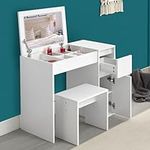 Dressing Table With Mirror and Stool, Flip Up Mirror White Vanity Makeup Table, Girls Dressing Table, Cosmetic Bedroom Dresser Make Up Writing Desk For Bedroom Furniture, 81 L x 40W x 69 H cm