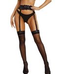 RSLOVE Thigh High Stockings Suspenders Pantyhose Nylons for Women Sheer Garter Belt Tights Lace Top Black