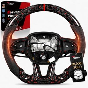 TESFEEL Heated Forged Carbon Fiber Steering Wheel compatible with Dodge Challenger (2015-2024), for Charger, for Durango - Red Foil Pattern, Trim Cover, Flat D-Shape, Stitching