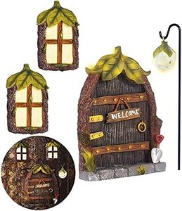 Miniature Gnome Fairy House Window and Door for Trees, Glow in The Dark Yard Art Garden Sculpture Lawn Ornament Decoration Mini Fairy Garden Outdoor Decor Accessories with Bonus Fairy Lantern