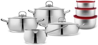 Karaca Stainless Steel Cookware Set 13-Piece, Storage Containers, Saucepan, Pot Set, Induction Kitchen Cooking Set for Daily Cooking, Elegant Silver Finish Pots and Pans Set