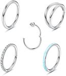 Diamday 5Pcs Surgical Steel Nose Rings Hoop for Women CZ Septum Hinged Clicker Segment Lip Rings Helix Cartilage Hoop Earring Rook Daith Seamless Body Piercing Rings for Women Men 18g 8mm