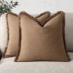 Foindtower Set of 2 Decorative Linen Fringe Throw Pillow Covers Cozy Boho Farmhouse Cushion Cover with Tassels Soft Accent Pillowcase for Couch Sofa Bed Living Room Home Decor,18×18 Inch,Khaki Brown