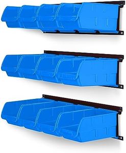 Ultrawall Wall Mounted Storage Bins, Plastic Hanging Storage Organizer Bins, Garage Tool Storage System for Screws, Nuts, Bolts, Nails, and Small Hardware Parts, 12x bins & 3 x rails, Blue