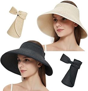 MAYLISACC 2 Pack Wide Brimmed Sun Protection UPF50+ Straw Sun Visor Hats with Cute Bowtie for Women Foldable Packable Black&Beige