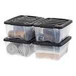 IRIS USA 11.4L (12 US QT) Stackable Plastic Storage Bins with Lids and Latching Buckles, 4 Pack - Clear/Black, Durable Nestable Containers for Organizing Closet Garage Totes Tub Boxes