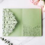 Hosmsua 50PCS Sage Green Wedding Invitation Pocket with Envelopes, 5.12 x 7.2 Trifold Laser Cut Lace Flora Invitations for Quinceanera Sweet 16 Quince Invitation (No Inner Sheet)