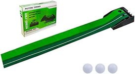 Locisne Training Putter Rod Pusher Set Return Indoor Automatic Golf Hazard Mat Putt,Mini Training Golf Trainer Putting Green with Return Plate-11.81"*118.11"+6 Golf Balls