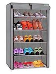 FLIPZON Multipurpose 5 Shelves Shoe Rack with Zip Door Cover & Side Pockets, Multiuse Storage Rack for Footwear, Toys, Clothes with Dustproof Cover (5 Shelves, Grey, Plastic)