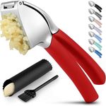 Zulay Comfort Grip Garlic Press - Garlic Mincer Tool - Garlic Crusher - Garlic Press Mincer Rust Proof, with Soft Ergonomic Handle, Easy Clean Set with Peeler and Brush - Red