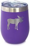 Bevvee Moose Wine Tumbler with Sliding Lid - Stemless Stainless Steel Insulated Cup - Cute Outdoor Camping Mug - Purple