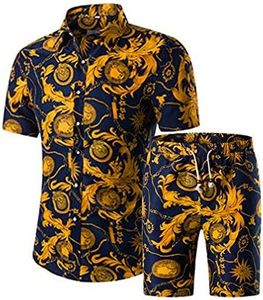 Litteking Men's 2 Piece Tracksuits Floral Hawaiian Sweat Suit Casual Short Sleeve Shirt and Shorts Suit Set Sports Outfit, Style 2, Medium