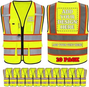 Custom Safety Vest with Logo, Hi-Vis Reflective Work Vest with Pockets, Design Your Personalized Protective Workwear (Yellow-10 Pack, 5XL)