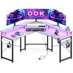 ODK Gaming Desk with LED Lights, Corner Gaming Desk with 2 Sockets and 2 USB Charging Ports, L Shaped Gaming Desk with Monitor Stand, White, 129 x 129 cm