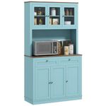 HOMCOM 71" Tall Kitchen Pantry Storage Cabinet with Microwave Space, Freestanding Buffet with Hutch, 2 Drawers, 4 Cabinets, Adjustable Shelves, Glass Doors, Blue