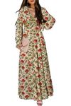 BLENCOT Women Dress Casual Boho Floral Printed Deep V Neck Loose Long Sleeve Long Evening Dress Ruched Maxi Wedding Guest Dresses Apricot X-Large