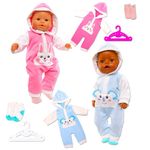 Miunana 2 Pack New Doll Clothes Outfits Overall for 14-17 Inch 35-43 cm Born Baby Doll, Baby Doll Clothes with Hangers Socks (Rabbit&Koala)