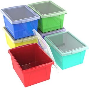 Storex 4 Gallon Storage Bin with Lid – Plastic Classroom Organizer for Books and Supplies, Assorted Colors, 6-Pack (61406A06C)
