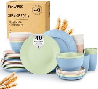 Perlapoc 40 PCS Wheat Straw Dinnerware Sets Unbreakable Dishes Set for 8 Plastic Plates and Bowls Sets with Cups Dishwasher & Microwave Safe - Colorful