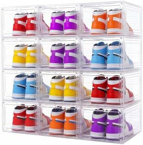 Yukui LLc 12 Pack Stackable Shoe Boxes Clear Plastic with Magnetic Door, Large Shoe Storage Organizer Container for Sneakers Heels, Mens Womens Display Case Organizer fits Size 12, Closet Organizer