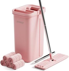 JOYMOOP Mop and Bucket with Wringer Set, Hands Free Flat Floor Mop and Bucket, 60" Mop with 5 Reusable Microfiber Pads, Wet and Dry Use, Floor Cleaning System - Pink