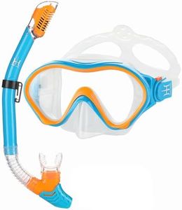 HH HHAO SPORT Kids Snorkel Set Wide View, Snorkel Package with Dry Top Snorkel Easy-Breath Youth Snorkel Set Diving Mask Junior Scuba Snorkeling Gear Anti-Leak Panoramic (Blue-Orange)