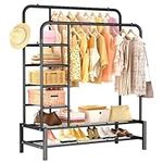 ZHZIRO Metal Clothes Rail Double Pole Clothes Rack Multifunctional Garment Rack with Storage Shelves Suitable for Home Bedroom for Coats, Bags, Shoes, Boots(Black)