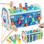 Litinliv 7 in 1 Hammering Pounding Toy, Wooden Montessori Toys with Magnetic Fishing Game, Whack a Mole Game, Clock, Xylophone, Maze, Kids Learning Educational Toys for 3+ Year Old Girls Boys