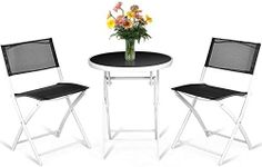 Costway Bistro Table Set, 3 Piece Patio Bistro Set, Outdoor Folding Table and Chairs, Foldable Patio Dining Set, Porch Furniture Set Garden Backyard Metal Frame No Assembly (Black)