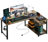 COMHOMA L Shaped Gaming Desk with Power Outlets Corner Computer Desk 130x80CM with Shelves Headphone Hook PC Table Workstation for Home Office Bedroom (Brown, 130CM)