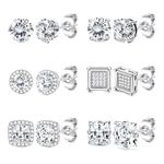 Finrezio 6 Pairs Stainless Steel Cubic Zirconia Stud Earrings for Women Men CZ Halo Earrings Set Round Square
