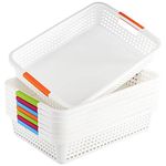 Lawei 8 Pack Large Plastic Storage Basket with Handle - 15 x 10 x 3 Inch Pantry Organizer Basket Bins Desktop Paper Storage Basket for Organization, Countertops, Cabinets, Bedrooms, Bathrooms