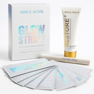 Smile Nova Glow Strips Teeth Whitening Strips & Teeth Whitening Pen – 14 Express Whitening Strips + 2ml Glow Pen + Restore+ Nano-Hydroxyapatite Toothpaste – Enamel-Safe Whitening Kit
