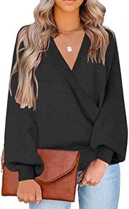 LookbookStore Sweater for Women 2024 Fall Winter Knit Sweaters Black Long Sleeve Faux Wrap Wrap Sweater for Women Old Money Sweater Women Surplice V Neck Pullover Sweater Top Size M Size 8 10